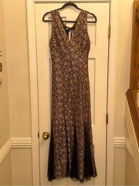 Candela Black Gold Embellished Lace Formal Maxi Gown Size S